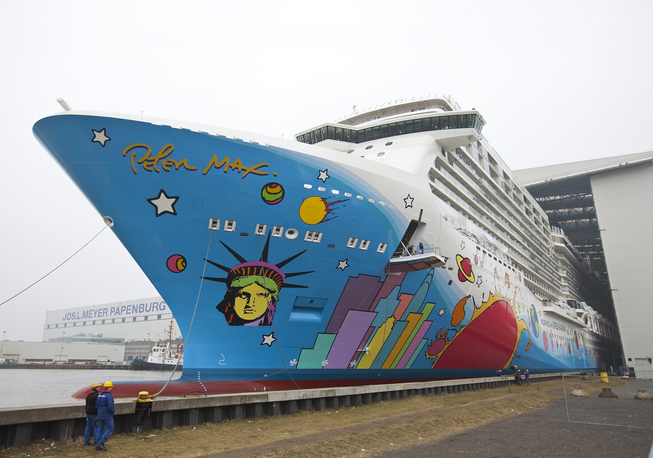 Norwegian Breakaway—the "Peter Max cruise ship"—leaving the Meyer Werft shipyard in 2013. (Image courtesy of Meyer Werft)